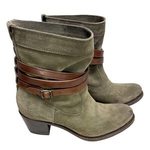 Frye Jane Slouch Suede Pull On Leather Straps Olive/Gray suede 7.5B Stacked Heel